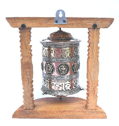 Large Metal Prayer Wheel with Natural Wood Frame -W0525